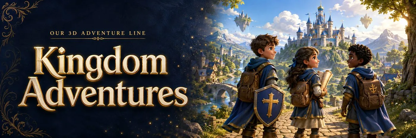 Kingdom Adventures &mdash; our 3D adventure line: three young heroes look out over a Bible-era kingdom, castle in the distance