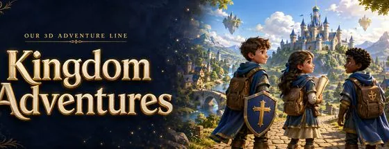Kingdom Adventures &mdash; three young heroes looking out over a Bible-era kingdom toward a castle